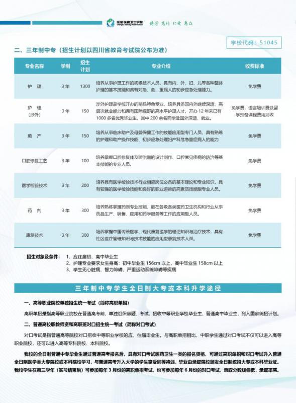2021年成都铁路卫生学校三年制中专招生专业和招生计划